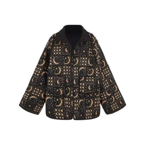 Selkie Collection FW24 Puffer Jacket Women's cowboys Blue Base With Moon And Star Plaid Print