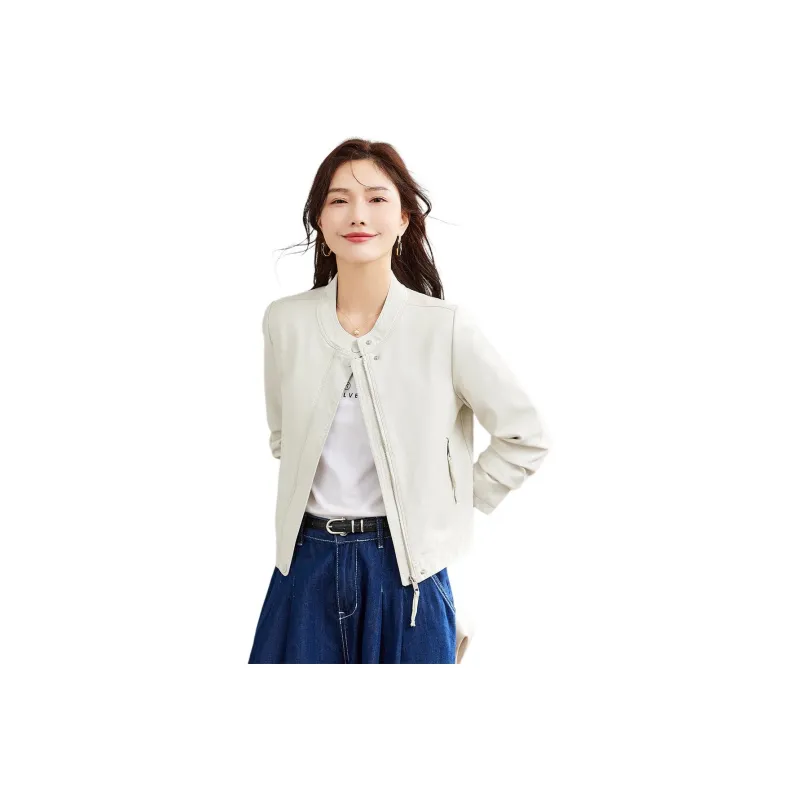 TERRE BLEUE Leather Jacket Women's Beige-0
