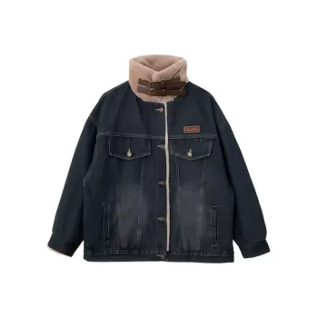 PAIN OR PLEASURE Fashion Stand Collar Denim Jacket Parka Coat Women's Dark Blue