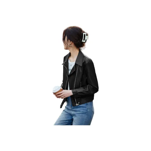 TERRE BLEUE Spring Fall Leather Jacket Loose Fit Women's