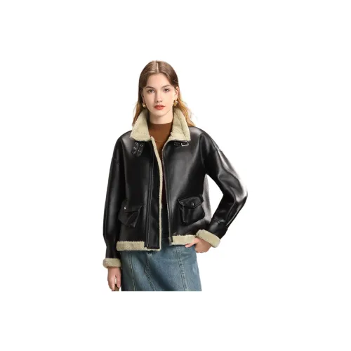 FENHONGMALI Leather Jacket Women's Gray Green/Black