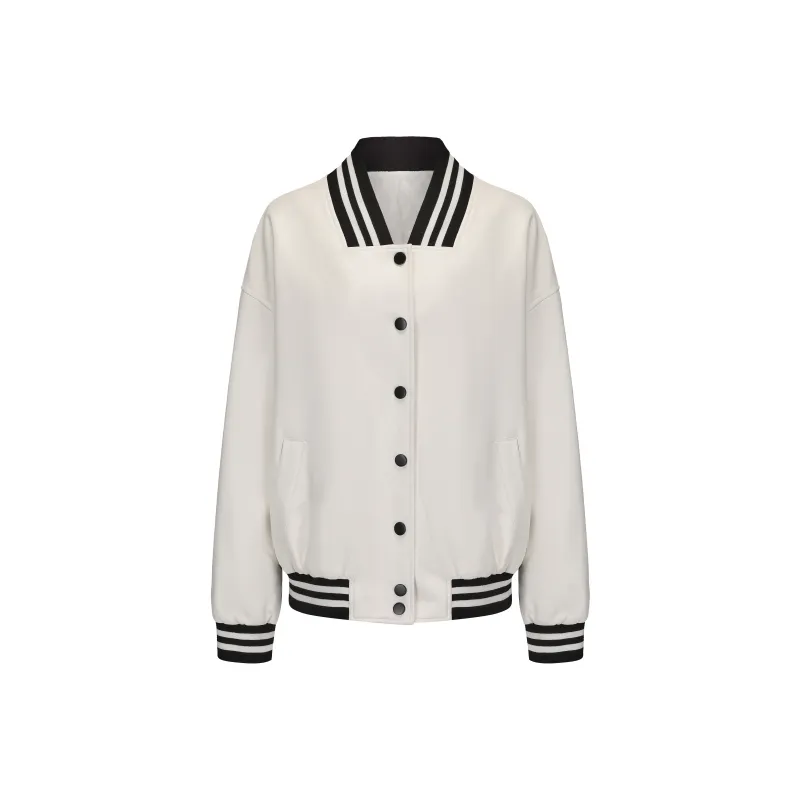 CHIWAWAMEME Leather Jacket Women's Milk White Smashes Black-0