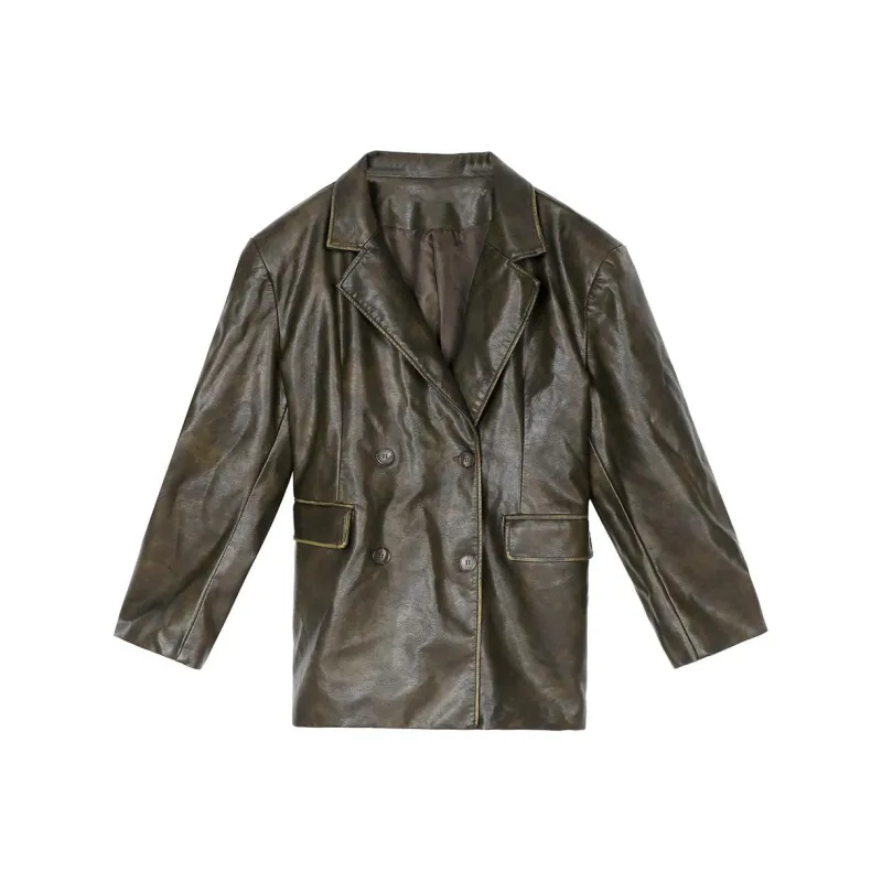XINBANGBANG Leather Jacket Women's Green Coffee-0