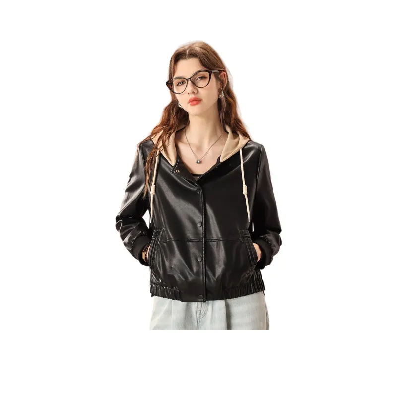 FENHONGMALI Leather Jacket Women's Black-0