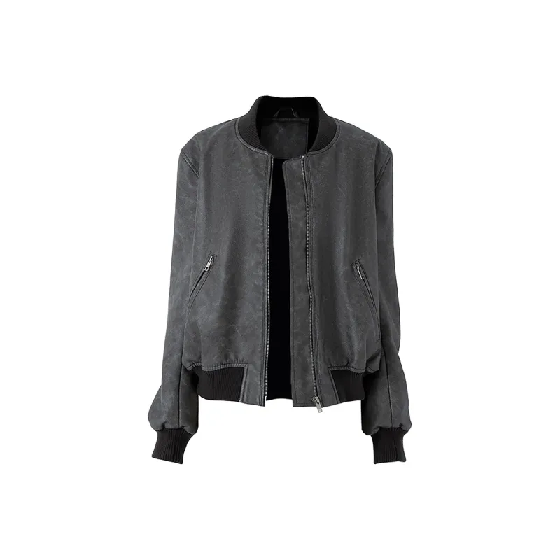 SOON FLOWER Long Sleeved Leather Jacket Coat Women's Gray-0