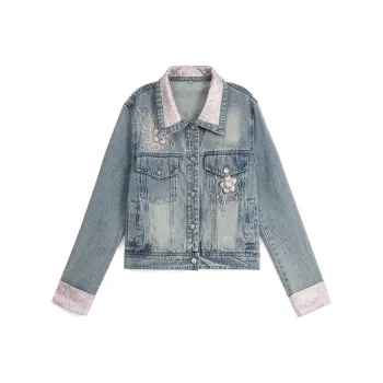 XIAOJUCHUANLI Denim Jacket Women's Light Blue