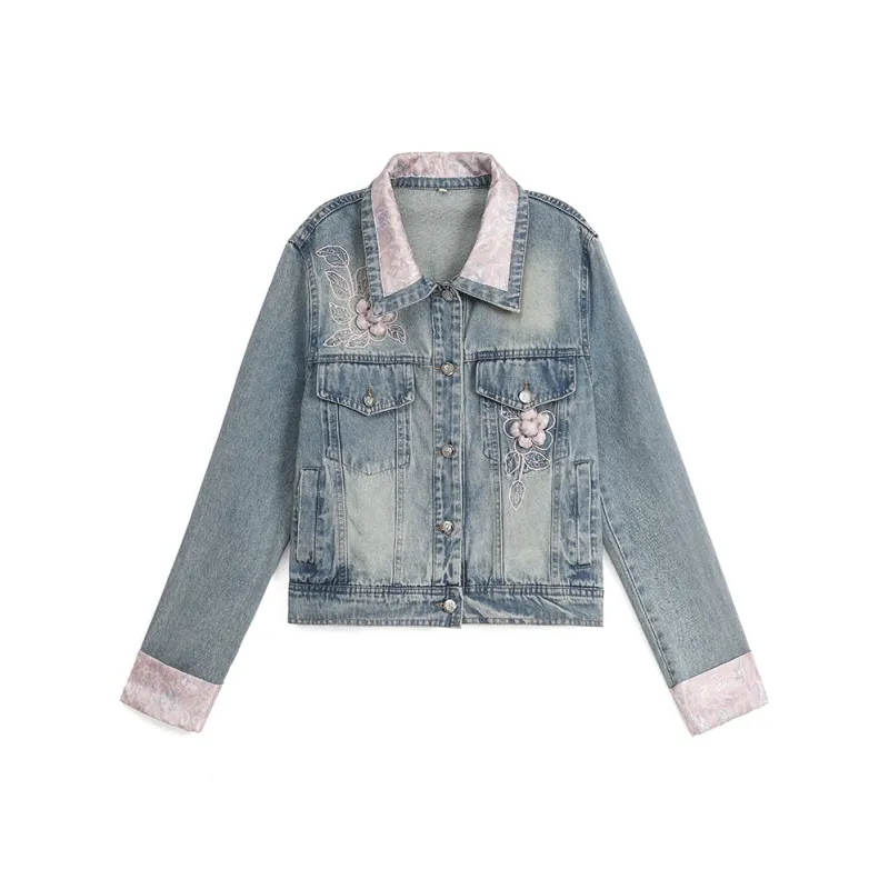 XIAOJUCHUANLI Denim Jacket Women's Light Blue-0