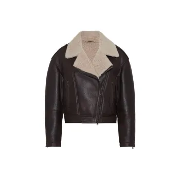 Brunello Cucinelli Shearling-Collar Cropped Biker Jacket