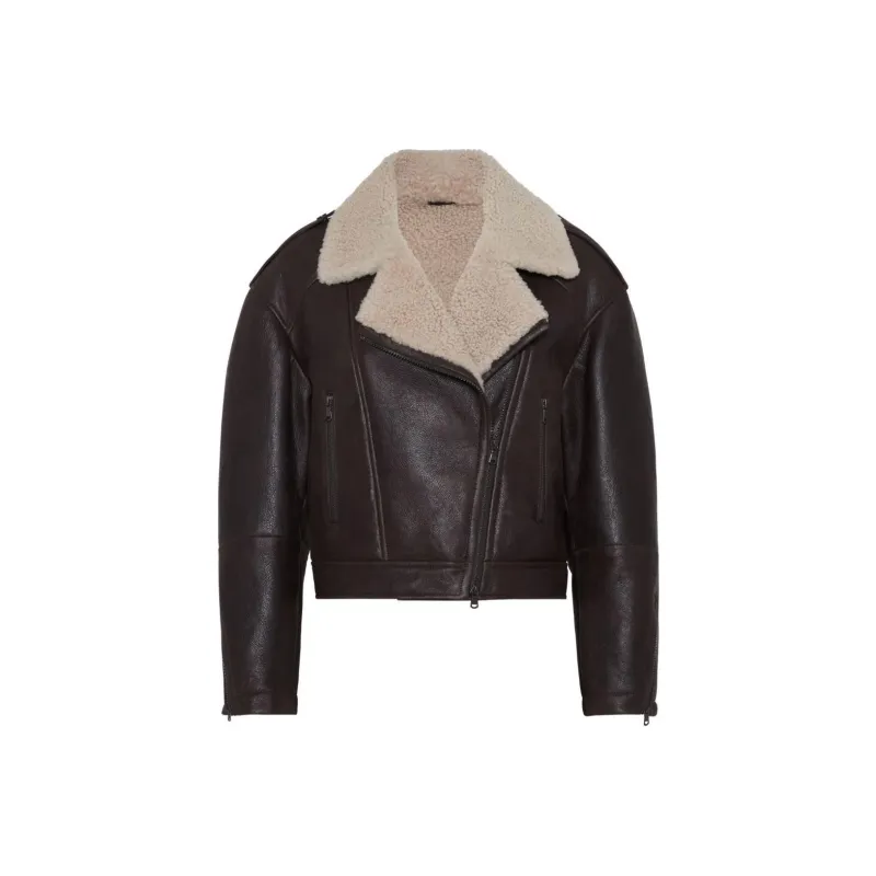 Brunello Cucinelli Shearling Collar Cropped Biker Jacket-0