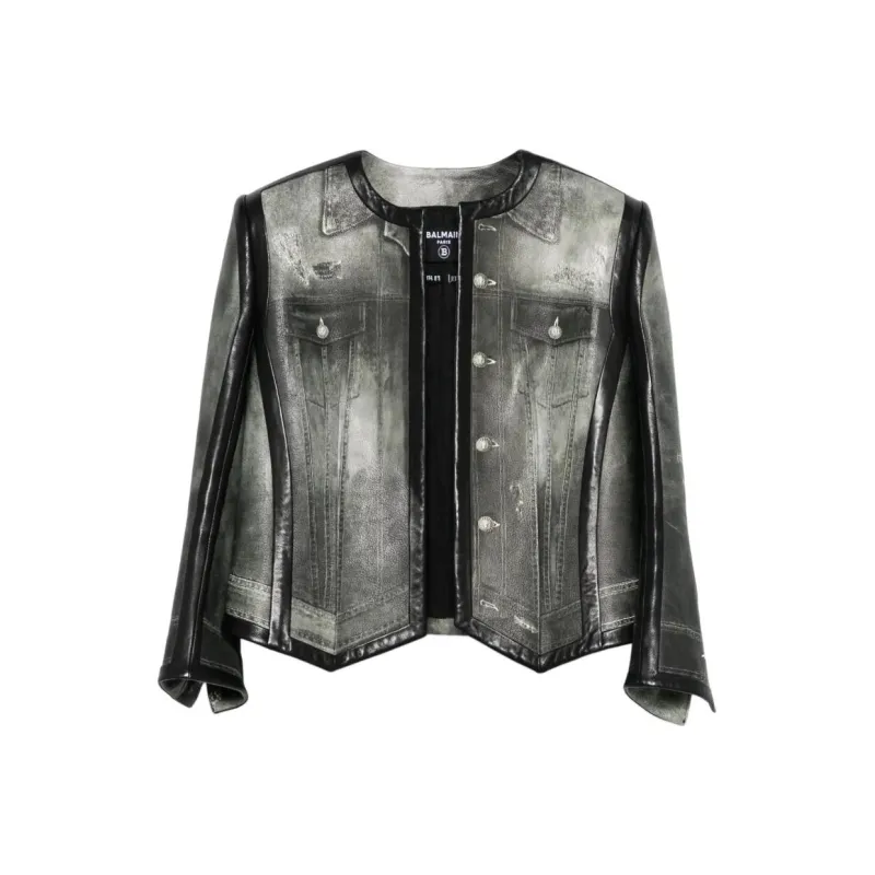 BALMAIN Denim print Leather Jacket-0