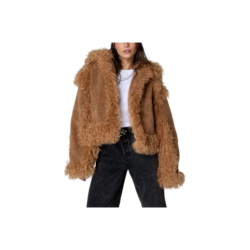 NASTY GAL Buckle Neck Casual Jacket Velvet-feel Coat Women's Brown-0