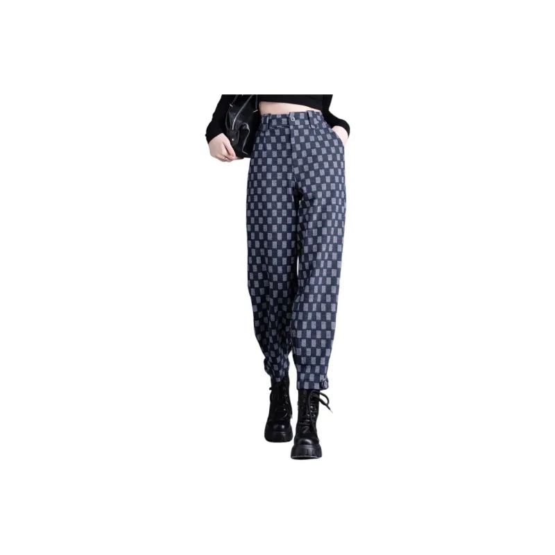 You Cow Me Pants Casual Pants Women's Blue Checkerboard-0