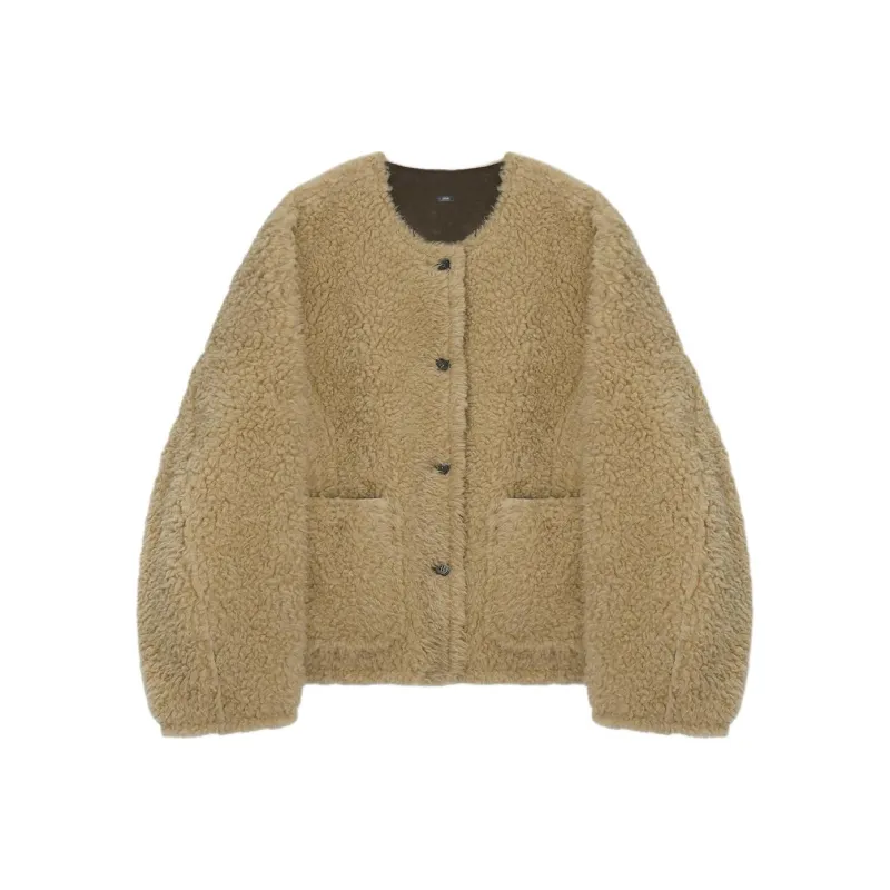 ETHOS CURLY SHEARING JACKET Velvet-feel Coat Women's Light Brown-0