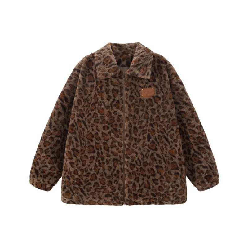 UNIFREE Velvet-feel Coat Women's Coffee Leopard Print-0