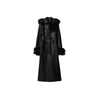 Burberry Long Leather Trench Coat Leather Jacket Women's Black