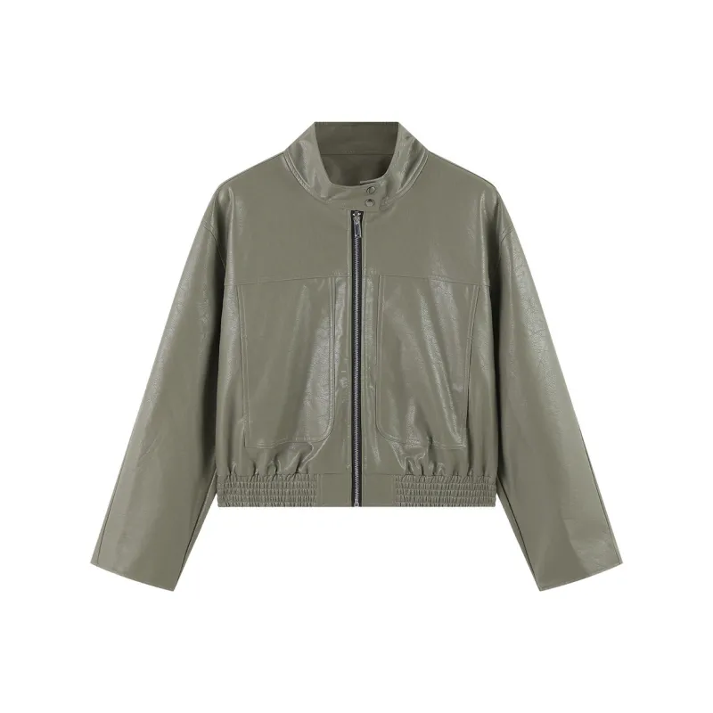 【dme】 Leather Jacket Women's Gray Green-0