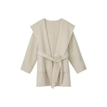 Fstudio Korean Petite Solid Color Cinched Waist Advanced Woolen Coat Women's Apricot