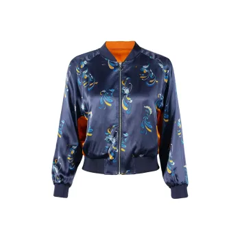 LILIXIUKE Baseball Jacket Women's Blue Background Paisley Flame Orange