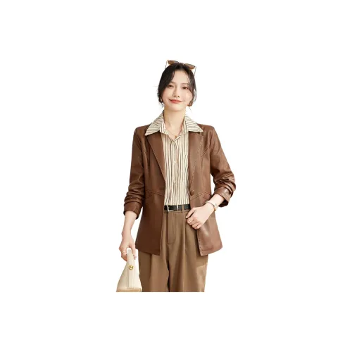 TERRE BLEUE Leather Jacket Women's Coffee