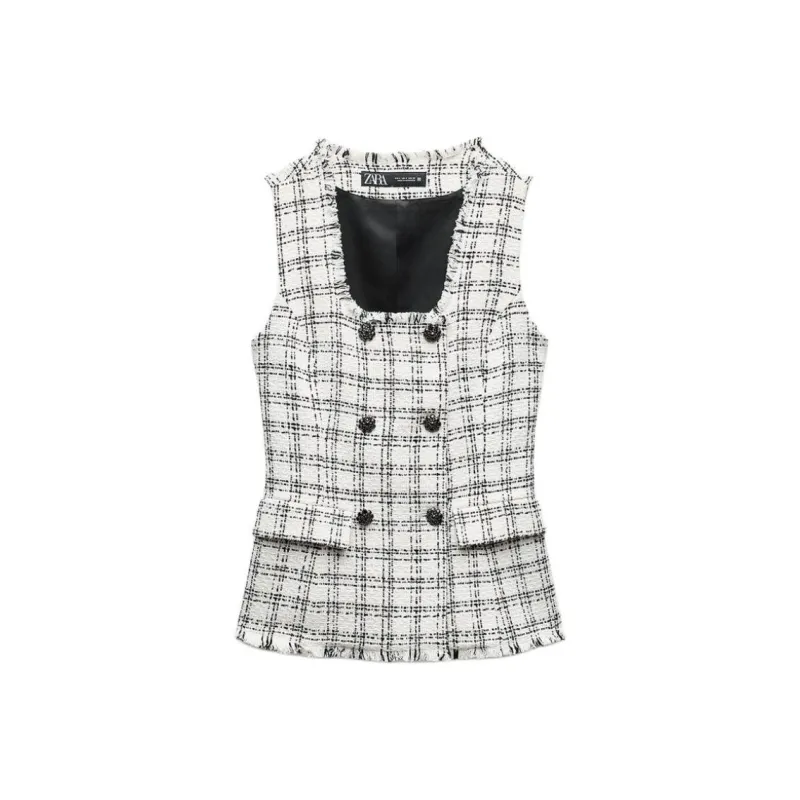ZARA Vest Women's Black White Plaid-0