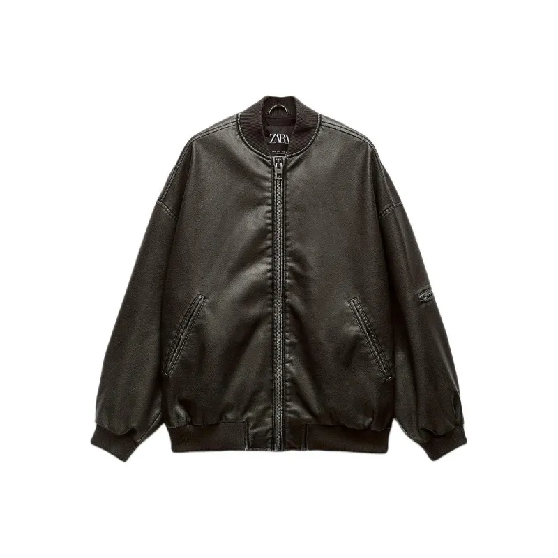 ZARA Trf Leather Jacket Women's Gray-0