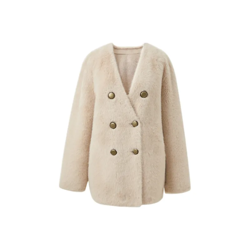 3COLOUR Velvet feel Coat Women's Oat-0