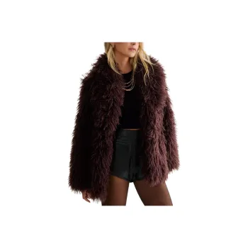 NASTY GAL Faux Mongolian Fur Short Jacket Velvet feel Coat Women's Brown