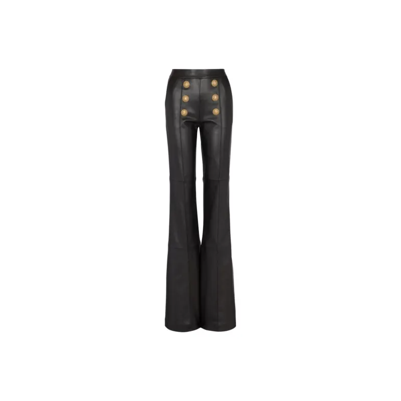 BALMAIN Button embellished Leather Flared Trousers-0