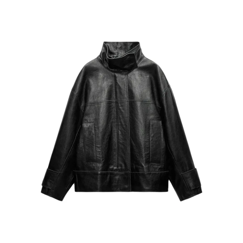 ZARA ZW Series Leather Jacket Women's Black-0