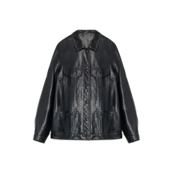 FIRELADY FUR Leather Jacket Women's Navy Blue