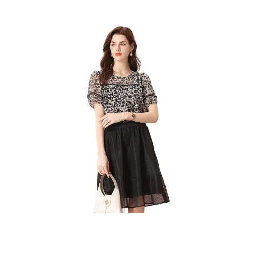 FENHONGMALI Short-Sleeved Dresses Women's Black Floral