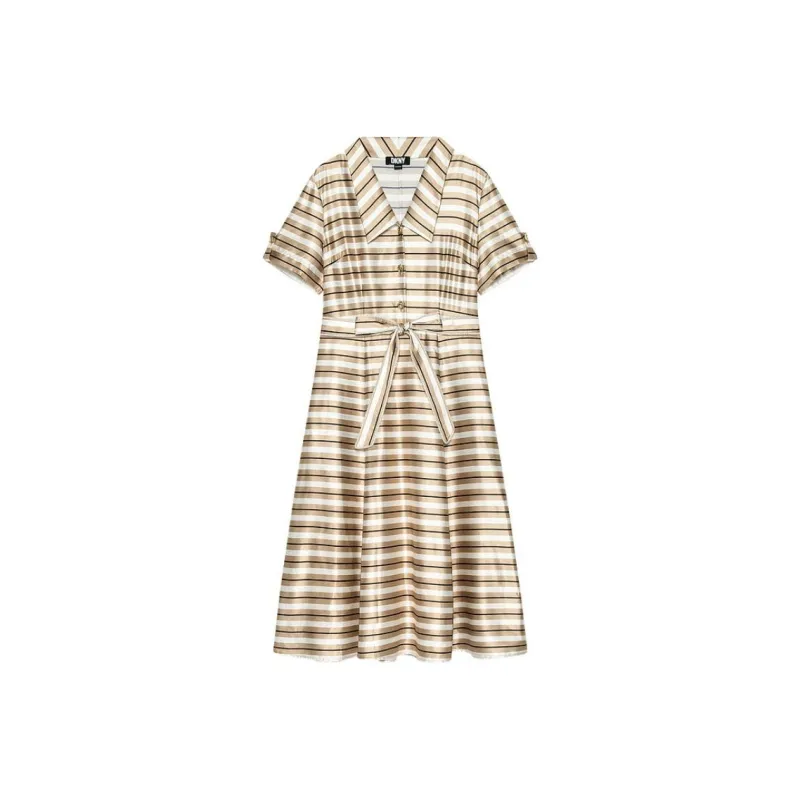DKNY Short Sleeved Dress Women's Coffee Stripes-0