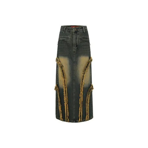 FTT Flythetruth Denim Long Skirts Women's Vintage Blue
