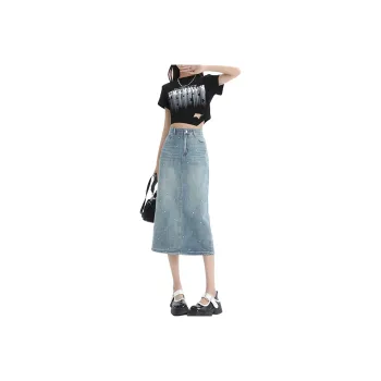 Concubine Zhu Denim Long Skirt Women's Nostalgic Blue White Zircon