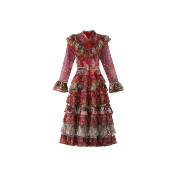 JINYE ORIENTAL Crew Neck Fitted Long-Sleeved Dress Women's Red