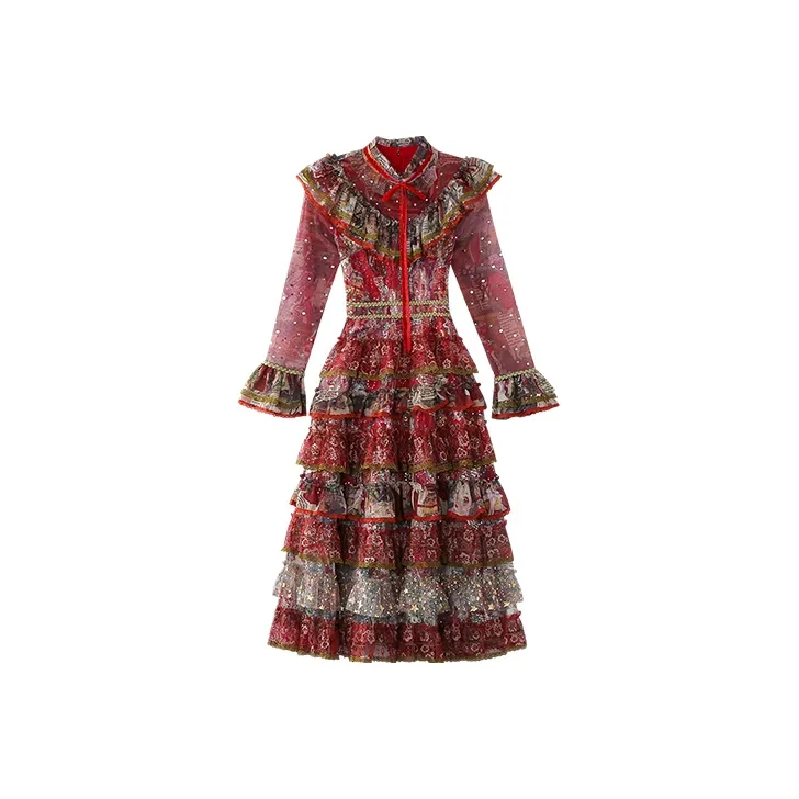 JINYE ORIENTAL Crew Neck Fitted Long Sleeved Dress Women's Red-0