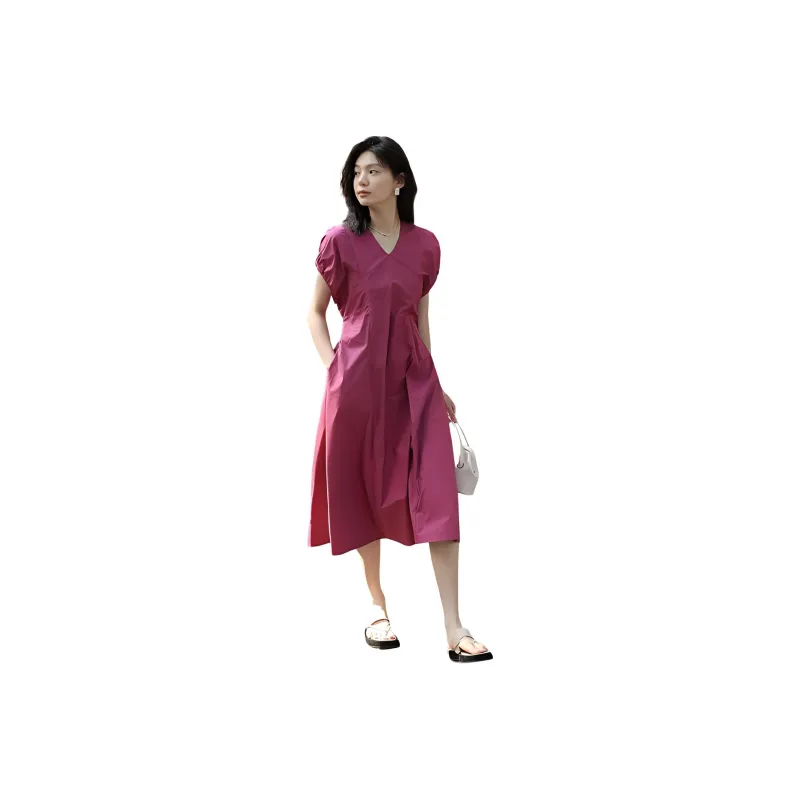 【dme】 Short Sleeved Dress Women's Rose Red-0