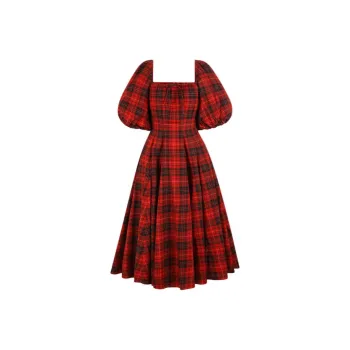 Selkie Collection FW24 Short Sleeved Dresses Women's ROYAL TARTAN Red Background Classic Square Print