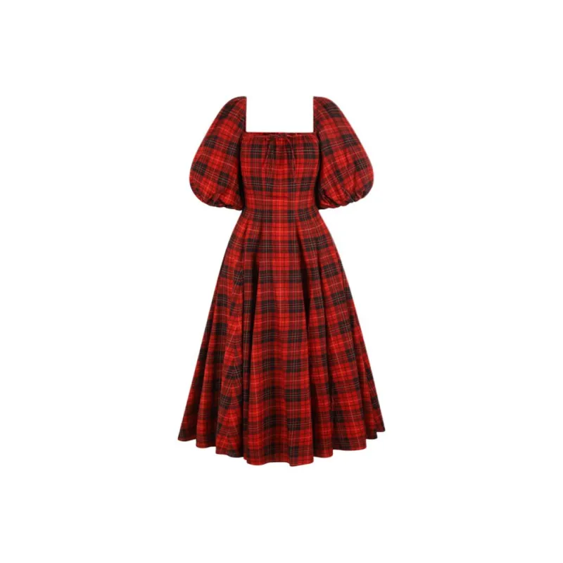 Selkie Collection FW24 Short Sleeved Dresses Women's ROYAL TARTAN Red Background Classic Square Print-0