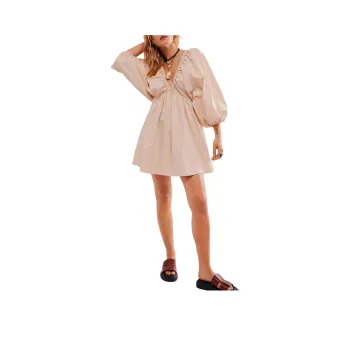 FREE PEOPLE Portia Denim Mini Dress Long-Sleeved Dresses Women's Ecru/Natural