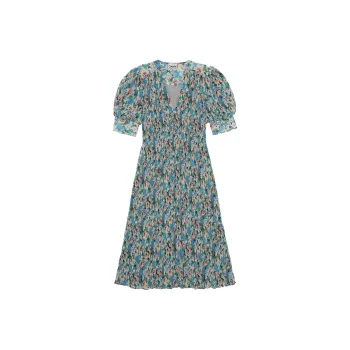 GANNI Floral Printed V Neck Midi Dress