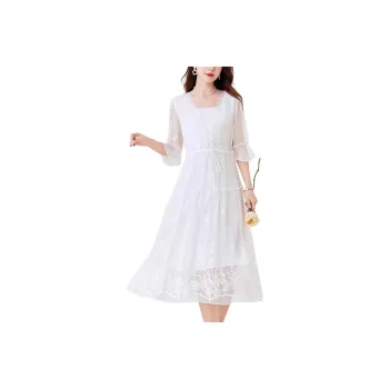 Yi Mengyuan Lace-Up Silk Long-Sleeved Dress Women's White