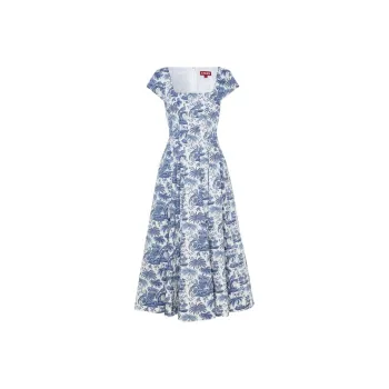 Staud Wells Graphic Printed Square Neck Midi Dress