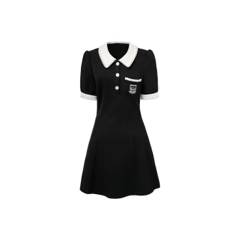 SUNSUNTOWN Short Sleeved Dress Women's Black & Apricot