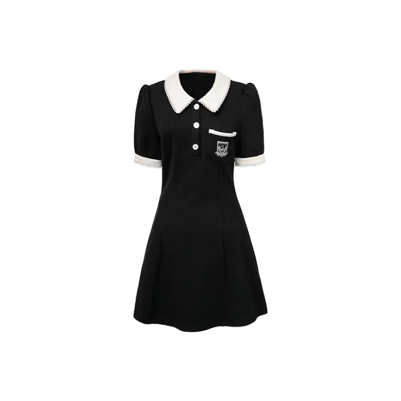 SUNSUNTOWN Short Sleeved Dress Women's Black & Apricot-0