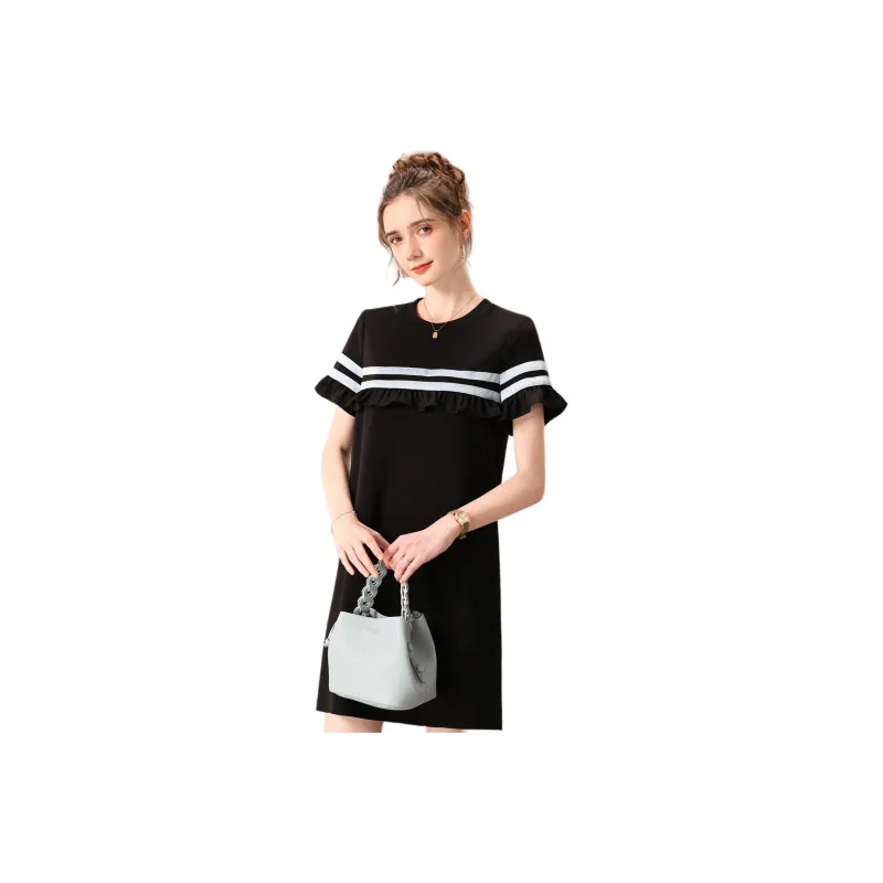 FENHONGMALI Short Sleeved Dresses Women's Black Blue-0