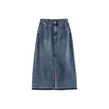 Initial Language Denim Long Skirts Women's Blue
