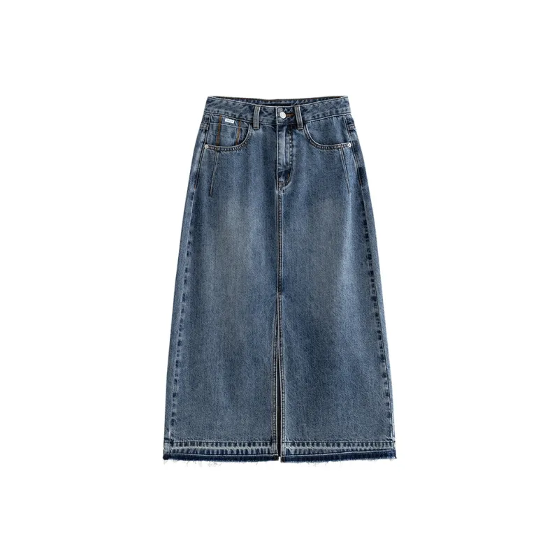 Initial Language Denim Long Skirts Women's Blue-0