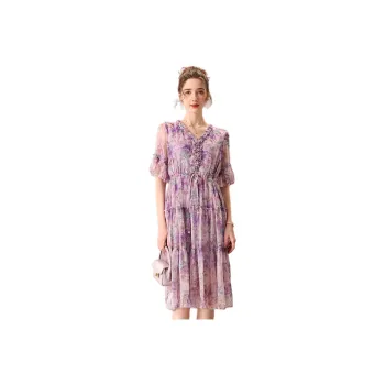 FENHONGMALI Short Sleeved Dresses Women's Purple Flower