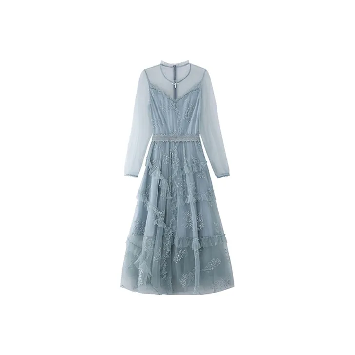 JINYE ORIENTAL A Line Skirt Dress Gray Blue-0
